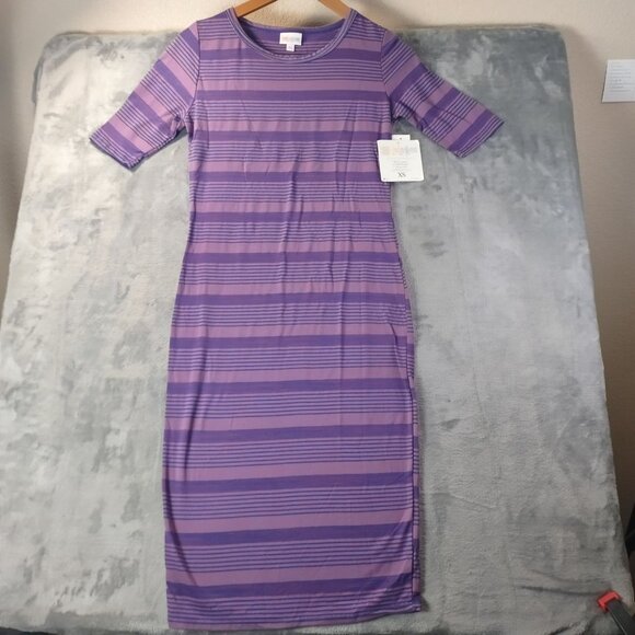 Lularoe Womens Julia Dress Size XS Purple Striped Stretch Bodycon Midi Casual - Picture 1 of 9